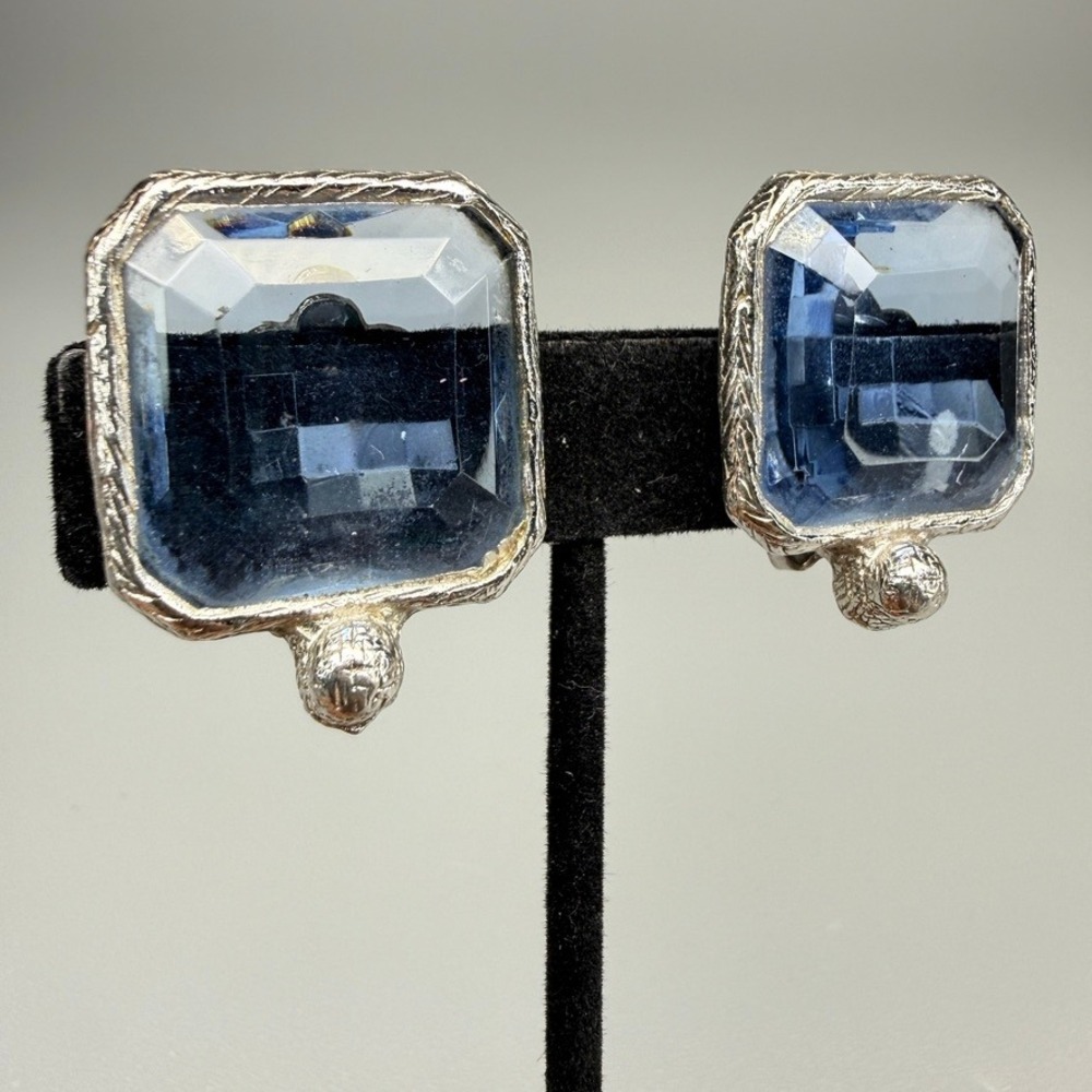 Vintage Kramer Blue Glass Clip On Earrings Silver Tone MCM Hollywood Glam